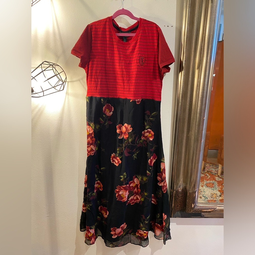 OOAK Upcycled RL top Women’s Red Stripe & Black Floral Midi Dress